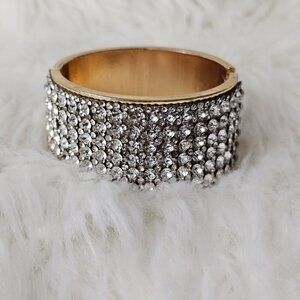 Rhinestone Gold Tone Hinged Bangle Cuff Bracelet